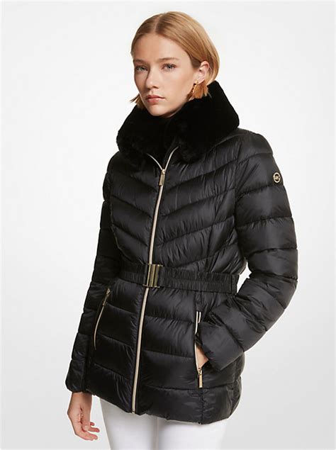 faux fur trim quilted nylon packable puffer jacket michael kors